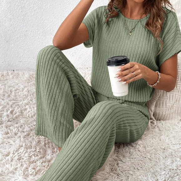 Grass Green Solid Color Ribbed Short Sleeve Wide Leg - Picture 4 of 4